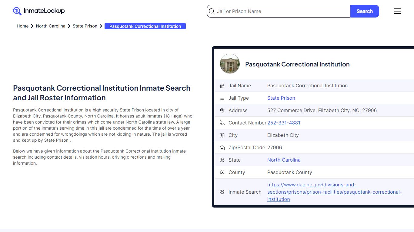 Pasquotank Correctional Institution Inmate Search, Jail Roster ...